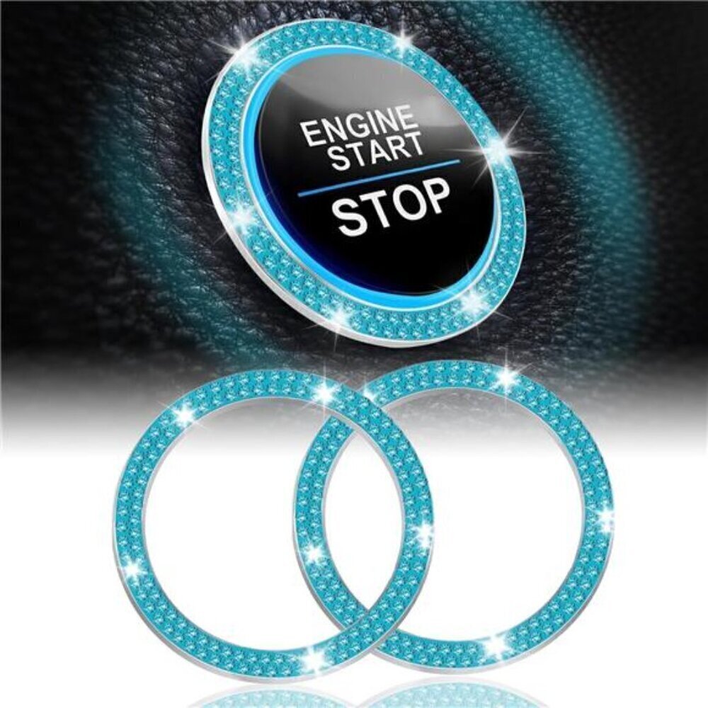 Car Start Button Bling Rhinestone Diamond Engine Button Ring 2-Pack Double Cyan